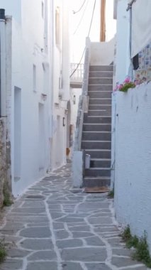 Yunanistan 'ın ünlü Paros Adası' ndaki Naousa kasabasının çiçek açan begonvil çiçekli geleneksel badanalı evleri ile pitoresk dar bir sokakta sabit kamerayla yürümek
