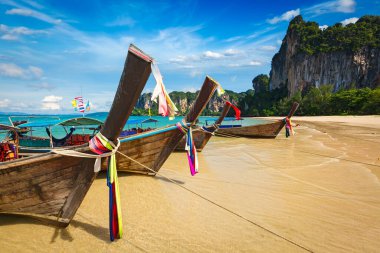Uzun kuyruk tekne tropikal plaj Railay Beach Tayland