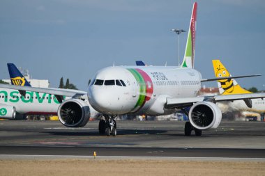 Lisbon, Portugal - September 2, 2023: TAP Portugal Airbus A321-251N passenger plane taxi on runway in Humberto Delgado Airport in Lisbon clipart