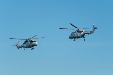 Oeiras, Portugal - September 30, 2023: Two Westland Lynx military helicopters of Portuguese Navy demo flight at Oeiras Air Show clipart