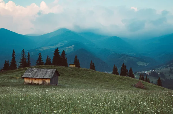 Karpatské Hory Letní Krajina Oblačným Nebem Dům Přírodní Letní Cestování — Stock fotografie