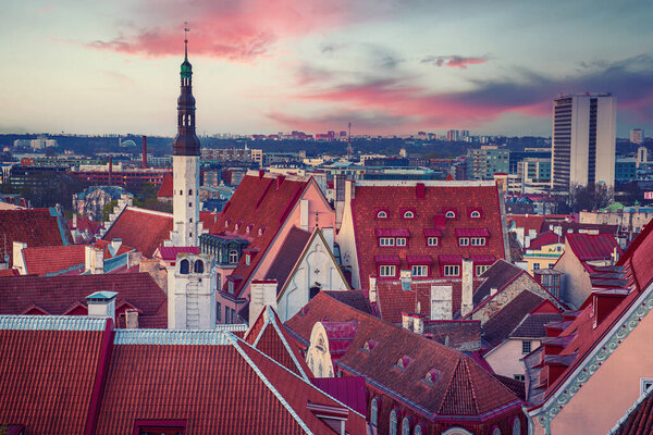 View to the european city Tallinn after sunset, travel outdoor background