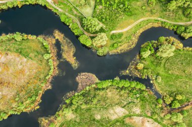Yeşil tarladaki mavi gölün havadan görünüşü, insansız hava aracından güzel doğa arkaplanı, fotokopi alanı olan mevsimsel yaz manzarası.