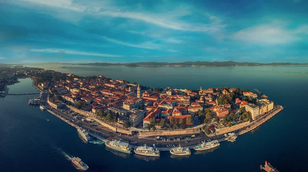 Top view of the Zadar old town and sea. Zadar, Croatia. Travel destinations vacational background. View from above to the downtown district
