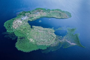 Dnipro nehri ile kırsal yaz manzarası ve yeni kıta gibi küçük yeşil ada, doğal soyut arka plan, hava manzarası