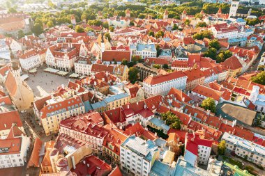 Tallinn Eski Kasabası 'nın havadan görünüşü. Estonya 'nın başkentinin merkezine yukarıdan bak. Seyahat hedefi kavramı