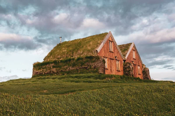 Anciennes Maisons Traditionnelles Gazon Islandais Dans Nord Islande Arrière Plan — Photo