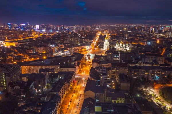 Widok Lotu Ptaka Centrum Kijowa Oświetleniem Kijów Ukraina — Zdjęcie stockowe