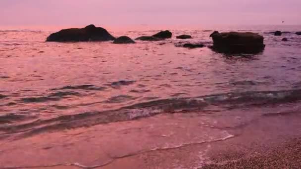 Krásné Červené Svítání Břehu Moře Vln Stříkající Skály Letní Sezónní — Stock video