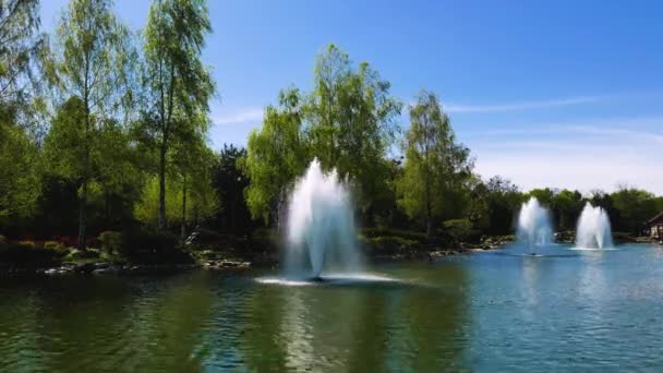 ウクライナのキエフ近くのMezhyhiryaの公園で湖の噴水 — ストック動画
