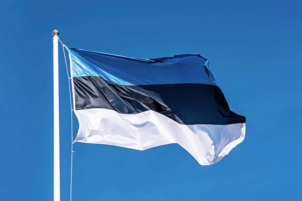 stock image Flag of Estonia over waving blue sky, abstract patriotic background