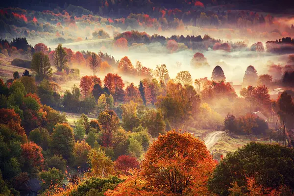 ビンテージレトロヒップスタースタイルの美しい秋の霧山の風景とコピースペース 季節の秋の背景 — ストック写真