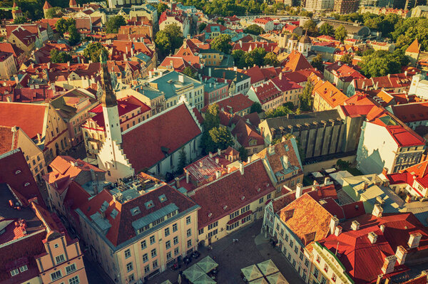 Aerial View of Tallinn Old Town. View from above to the center part of capital of Estonia. Travel destination concept