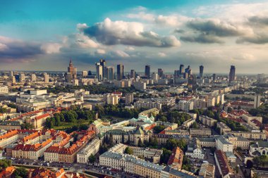 View of Warsaw modern business district with blue sky and clouds. Travel view