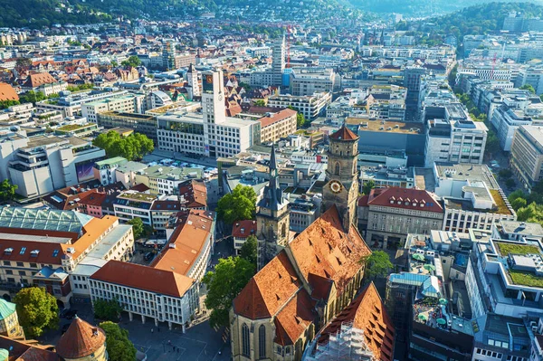 The Stiftskirche Collegiate Church is an inner-city church in Stuttgart, the capital of Baden-Wurttemberg, Germany. View from above with the town buildings