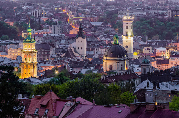 Night view of weastern european city Lviv, architecture background