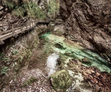 Meşhur Vintgar Vadisi Ağaç Yolu, Bled, Ulusal Park Triglav, Slovenya, Avrupa sonbaharda