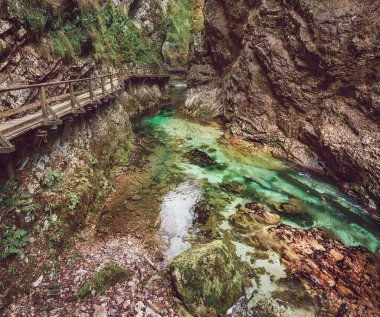 Meşhur Vintgar Vadisi Ağaç Yolu, Bled, Ulusal Park Triglav, Slovenya, Avrupa sonbaharda