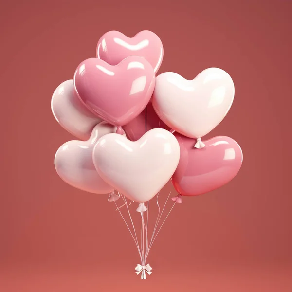 Bunch of heart shaped balloons in white, red and pink colors, festive background for greeting holiday card design to Valentine Day or wedding