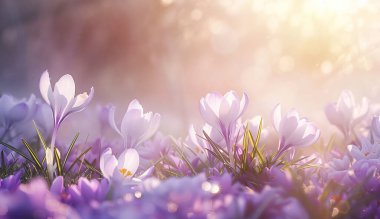 Güzel mor örgü çiçekleri büyüyor, ilkbaharın ilk işareti. Mevsimlik güneşli Paskalya arka planı, inanılmaz bir görüntü.