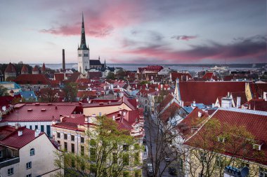 Gün batımından sonra Avrupa kenti Tallinn 'e bak, açık arka planda seyahat et