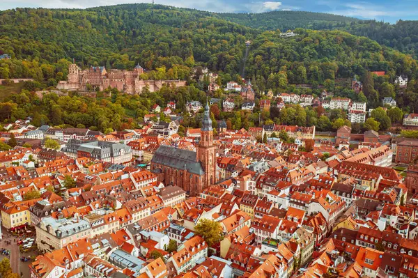 Flygfoto Över Landmärke Och Vackra Heidelberg Stad Tyskland Heidelberg Stad Royaltyfria Stockfoton