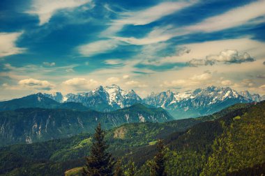 Triglav dağları üzerindeki bulut gölgeli manzara - yeşil ormanlı Golica dağından manzara - yaz mevsiminde seyahat kavramı