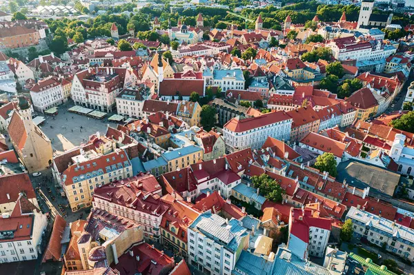 Tallinn Eski Kasabası 'nın havadan görünüşü. Estonya 'nın başkentinin merkezine yukarıdan bak. Seyahat hedefi kavramı