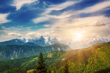 Triglav dağları üzerindeki bulut gölgeli manzara - yeşil ormanlı Golica dağından manzara - yaz mevsiminde seyahat kavramı