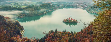 Slovenya 'nın sonbaharda renkli ağaçlarıyla birlikte Bled Gölü' ndeki Varsayım Kilisesi 'nin hava manzarası