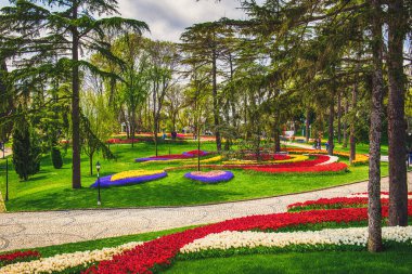 İlkbaharda tarihi bir şehir parkı olan Emirgan Parkı 'nda geleneksel Lale Festivali