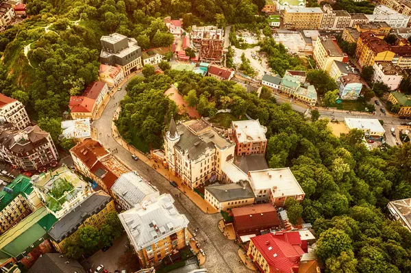 stock image Aerial view of Andrews Descent in Kyiv, Ukraine at sunset. Travel destination background