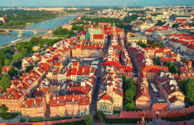 Old city in Warsaw with red roofs, Poland from above. Travel outdoor european background