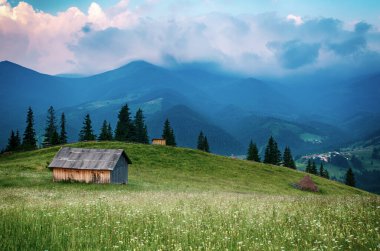 Karpat Dağları yaz manzarası bulutlu gökyüzü ve ev, doğal yaz yolculuğu arka planı.