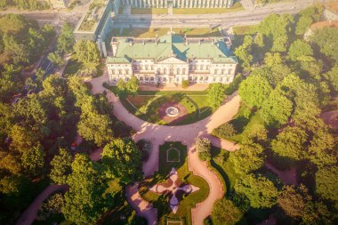 Krasinski Palace and National Library in Warsaw, Poland, view from above with green park, tourist attraction clipart