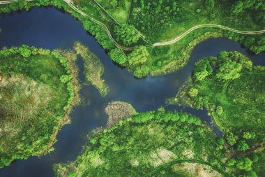 Yeşil tarladaki mavi gölün havadan görünüşü, insansız hava aracından güzel doğa arkaplanı, fotokopi alanı olan mevsimsel yaz manzarası.
