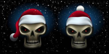 Noel Baba şapkasıyla Noel tatili kafatası. Karanlık kış arka planında. Kar yağışı var. Bones tehlike Noel Baba bayramı kutluyor