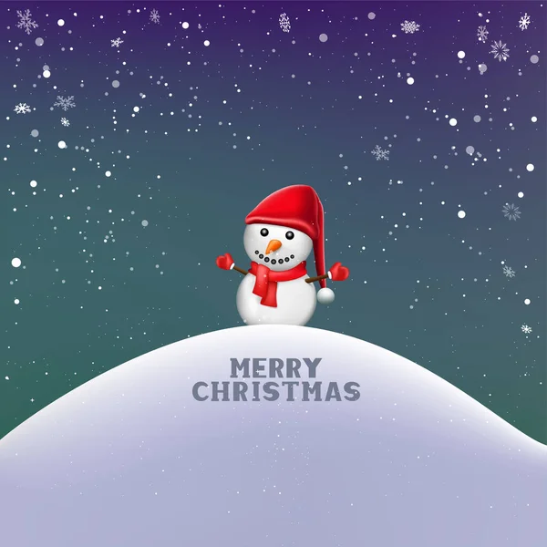 Christmas Winter Hill Snowfall Snowman Dark Sky Background Holiday Card — Stock Vector