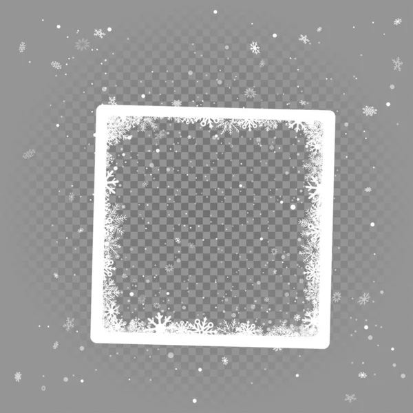 Різдвяна Зимова Фоторамка Снігом Прозорому Сірому Фоні Сніжинки Святкові Прикраси — стоковий вектор