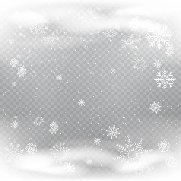 Winter Christmas Snowfalls Gray Sky Clouds Background Frosty Wintry Snowflakes — Stock Vector