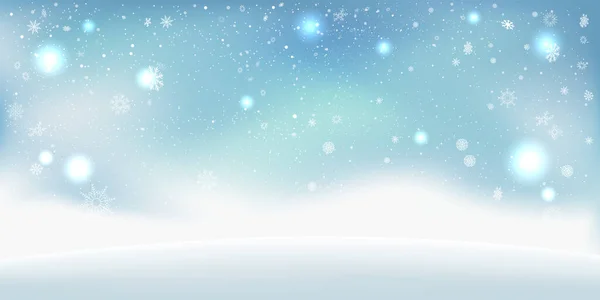 冬のクリスマスは青空と雲の背景に降る 霜の多い冬の雪片氷の形のパターンのテクスチャ 休日の自然お祝いの装飾背景 — ストックベクタ