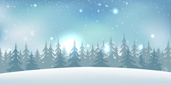 Winter Kerstbos Sneeuw Valt Blauwe Lucht Wolken Achtergrond Frosty Winterse — Stockvector