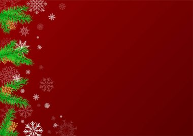 Koyu kırmızı arka planda kış Noel süsü. Yeni yıl tatili boş kopya alanı şablonu