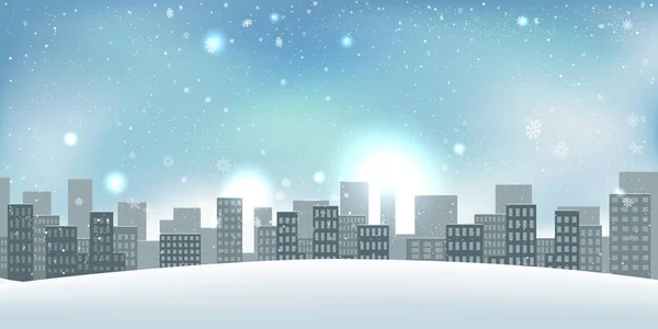 Winter Christmas City Building Homes Snowfalls Blue Sky Clouds Background — Stock Vector