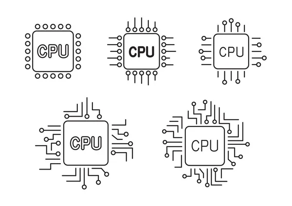 Cpu Computer Outline Chip Sign Icon Set Isolated White Background — Vettoriale Stock