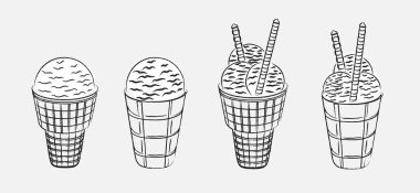 Drawing ice cream outline icons set isolated on white gray backgrounds. Hand drawn summer ice cold delicious food sign symbol sketch pictogram