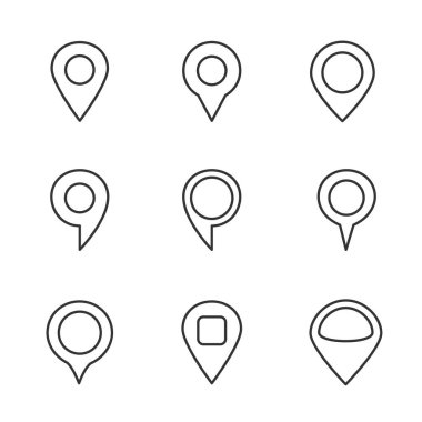 Outline map pin set isolated on white background. Geotag navigate tourism location flag sign symbol