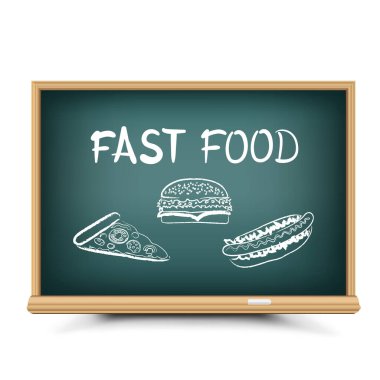 Blackboard chalk draw fast food with shadow on white background. Hot dog hamburger burger pizza meat drawing on chalkboard