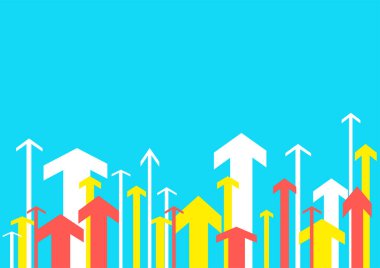 Mavi arka planda ileri doğru hareket eden oklar. Büyüyen iş dünyasının başarısına yönlendirilmiş renk ok koleksiyonu