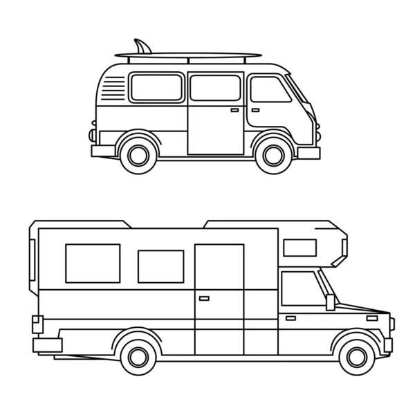 Outline Black Camper Automobile Car Silhouette Set Isolated White Background — Stock Vector